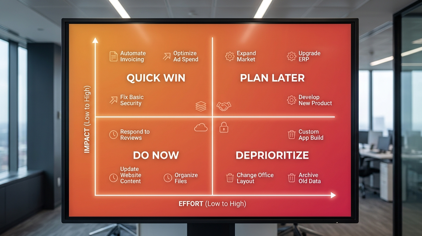 Workflow ưu tiên giải quyết pain point SME Việt Nam theo Impact-Effort matrix