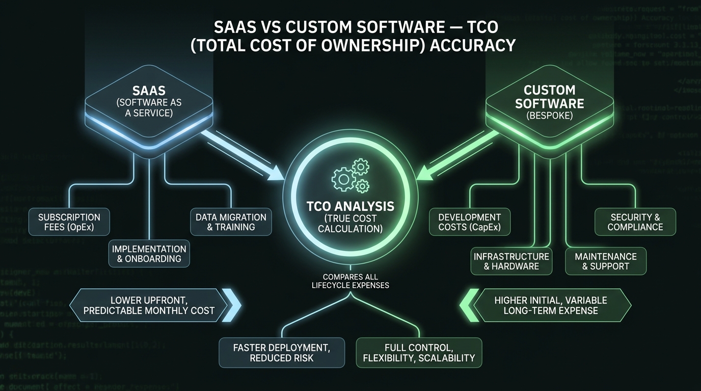SaaS vs Custom Software TCO comparison framework