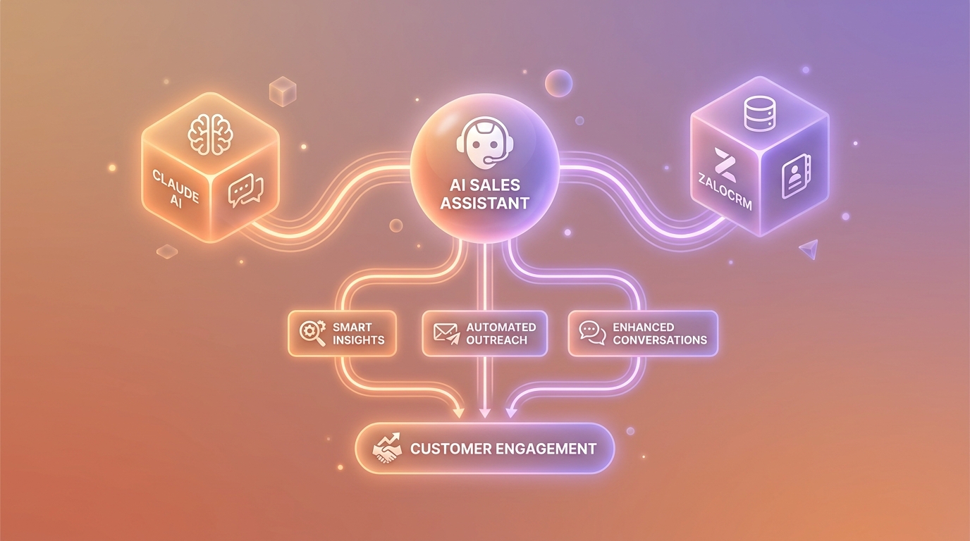 ZaloCRM + Claude AI architecture diagram, 3-layer integration