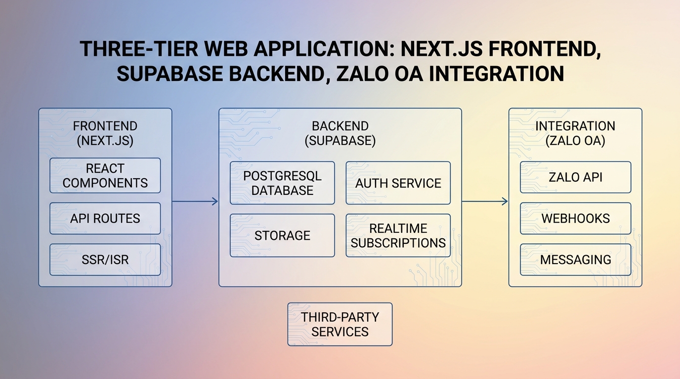 Architecture overview phần mềm quản lý spa: Next.js, Supabase Realtime, Zalo OA, Vercel