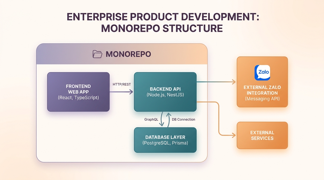 Sơ đồ architecture phần mềm custom: từ spec đến tech stack đến deployment