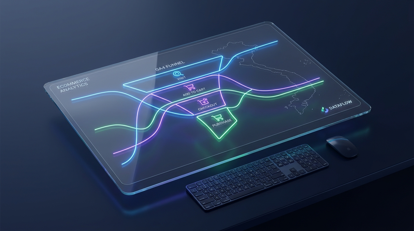Dashboard GA4 ecommerce với biểu đồ neon trên nền navy mô phỏng phễu mua hàng cho SME Việt Nam