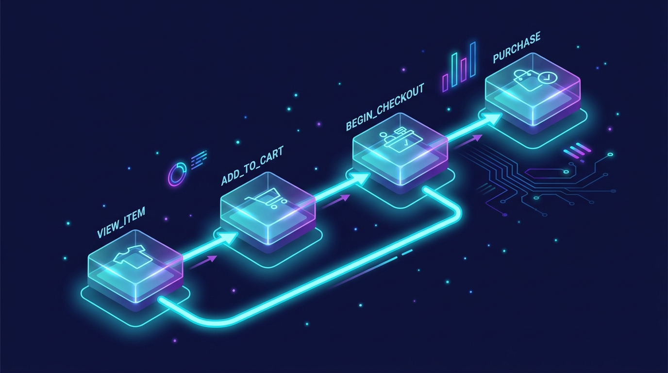 Sơ đồ luồng event GA4 ecommerce từ view_item đến purchase trên nền navy với node neon