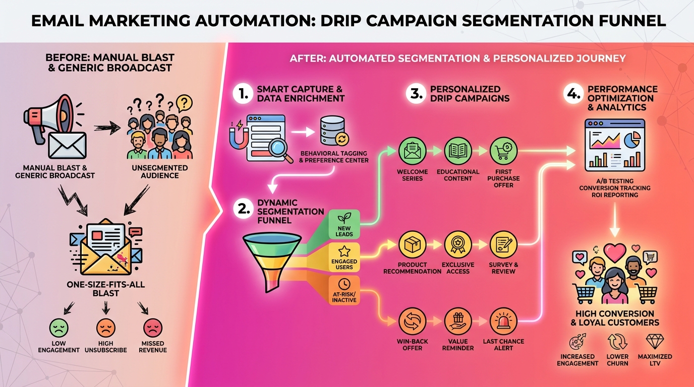 Workflow infographic: Welcome -> Cart -> Re-engage với 320% revenue uplift
