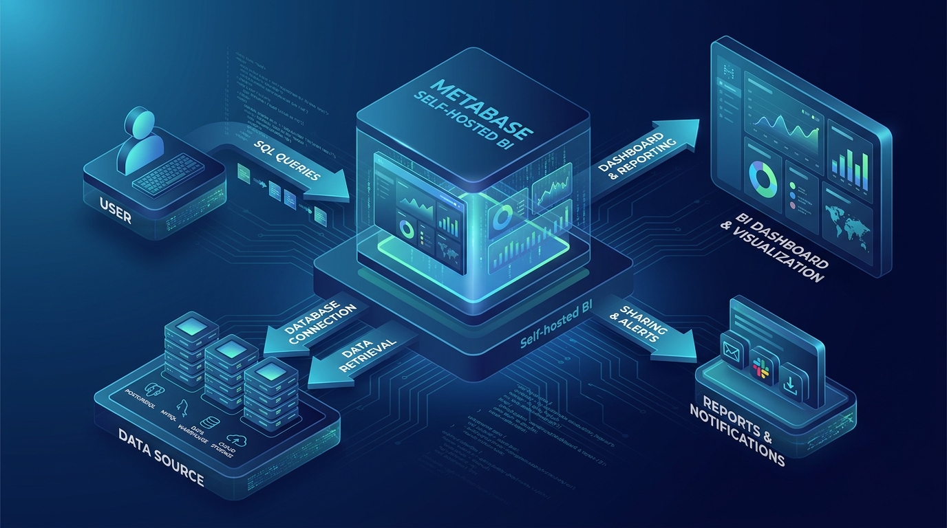 Sơ đồ kiến trúc Metabase Docker PostgreSQL với data sources và end users trên nền navy