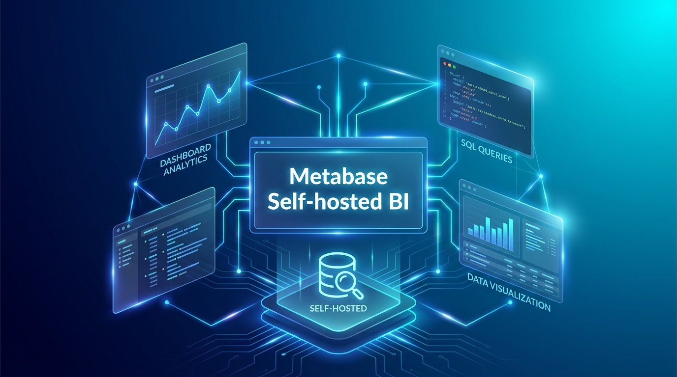 Dashboard Metabase self-hosted với biểu đồ neon trên nền navy, kết nối Docker và PostgreSQL cho SME Việt Nam