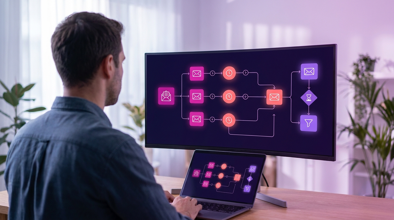 Email marketing automation workflow visualization với 7 ngày drip sequence flowchart