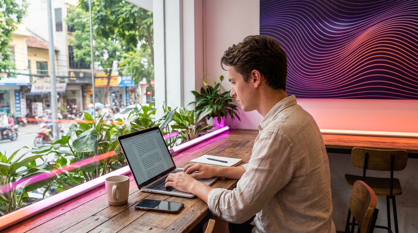 Vietnamese writer crafting email content on laptop