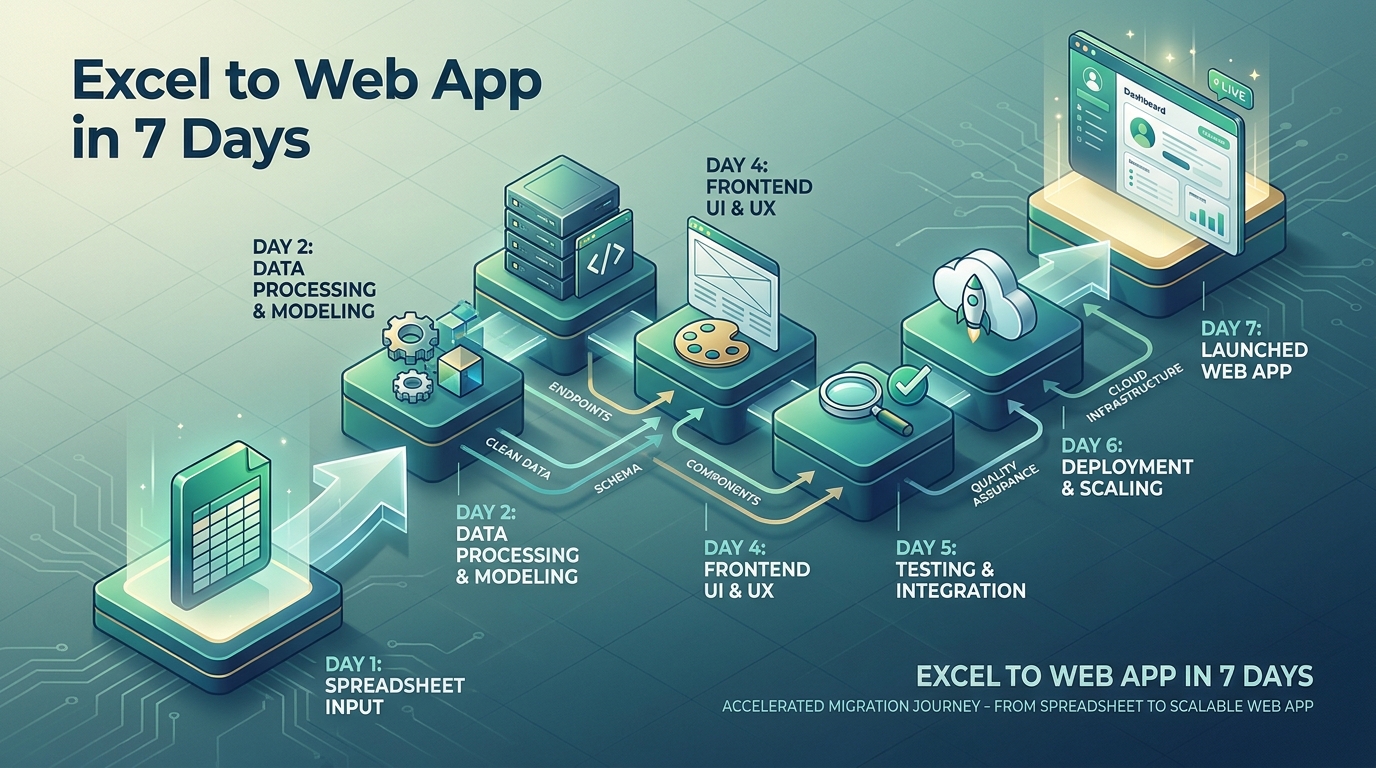Lộ trình 7 ngày migrate Excel sang web app, mỗi ngày một mốc cụ thể từ audit đến deploy