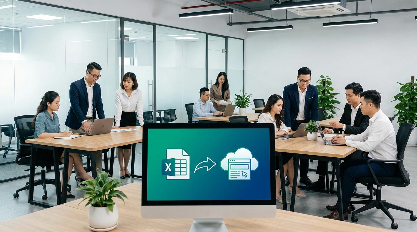 Sơ đồ kiến trúc migrate Excel sang web app: từ file XLSX qua schema và business logic, ra frontend React và backend với database