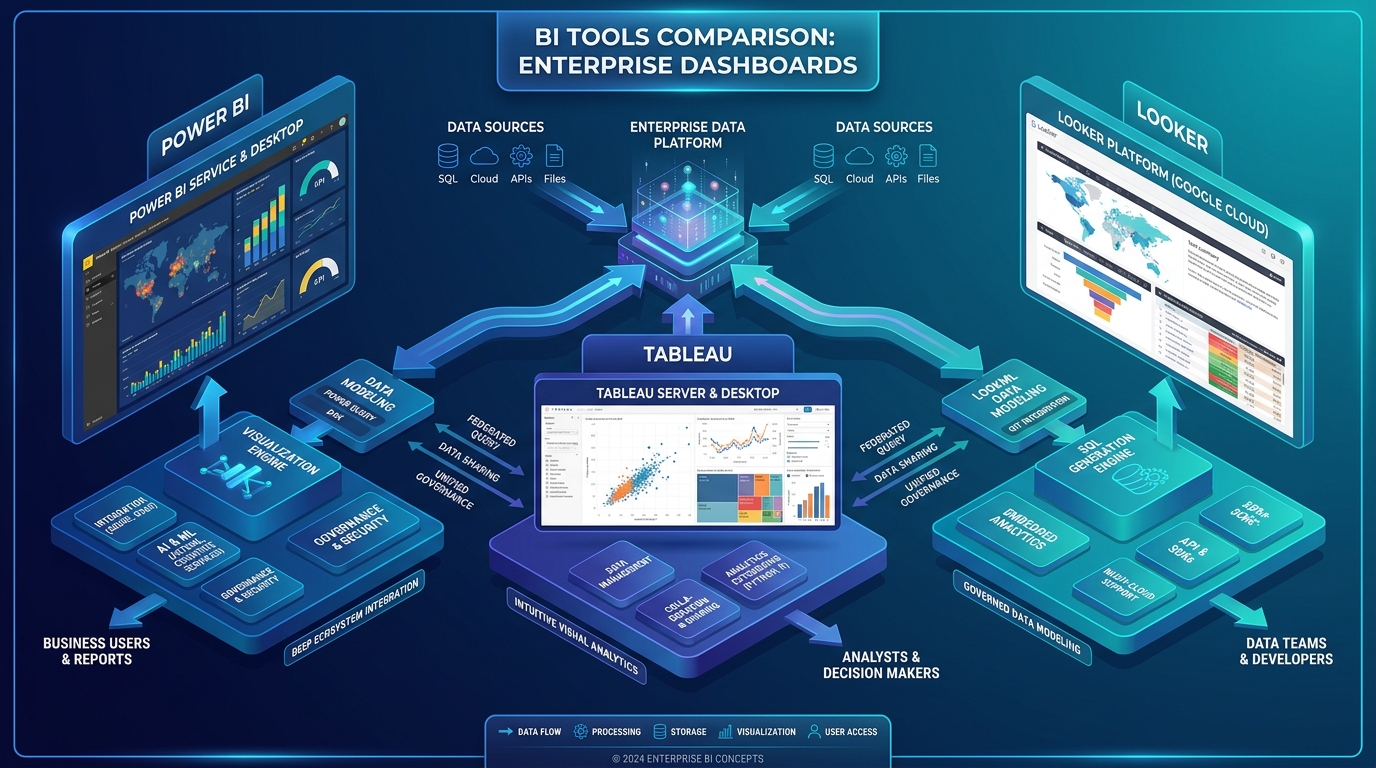Ba trụ cột Power BI, Tableau và Looker mọc lên từ data lake với dòng dữ liệu neon trên nền navy