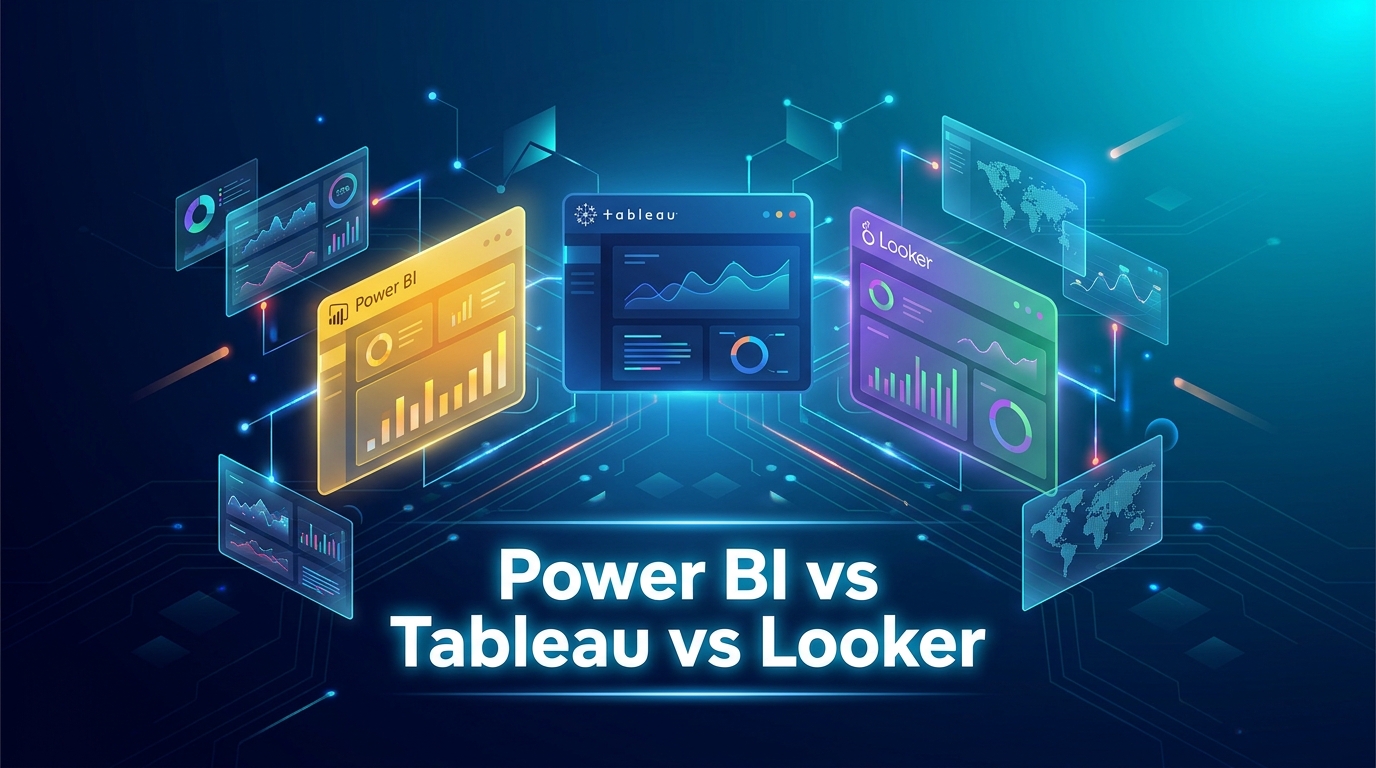 Ba dashboard mockup Power BI, Tableau và Looker Studio trên nền navy với điểm nhấn neon, phong cách editorial tech