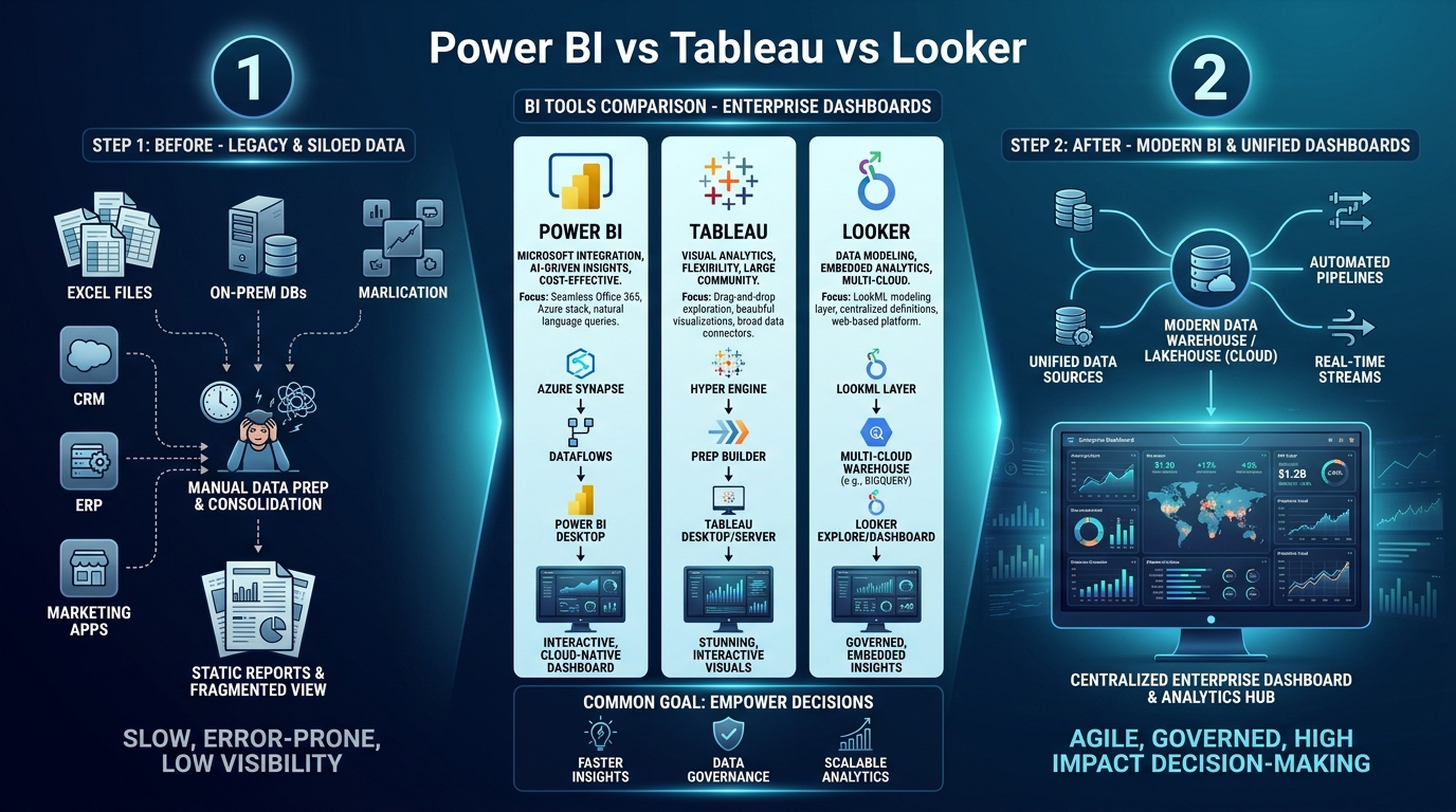 Workflow infographic ba làn Power BI Tableau Looker với data sources flow vào dashboard tiles trên nền navy