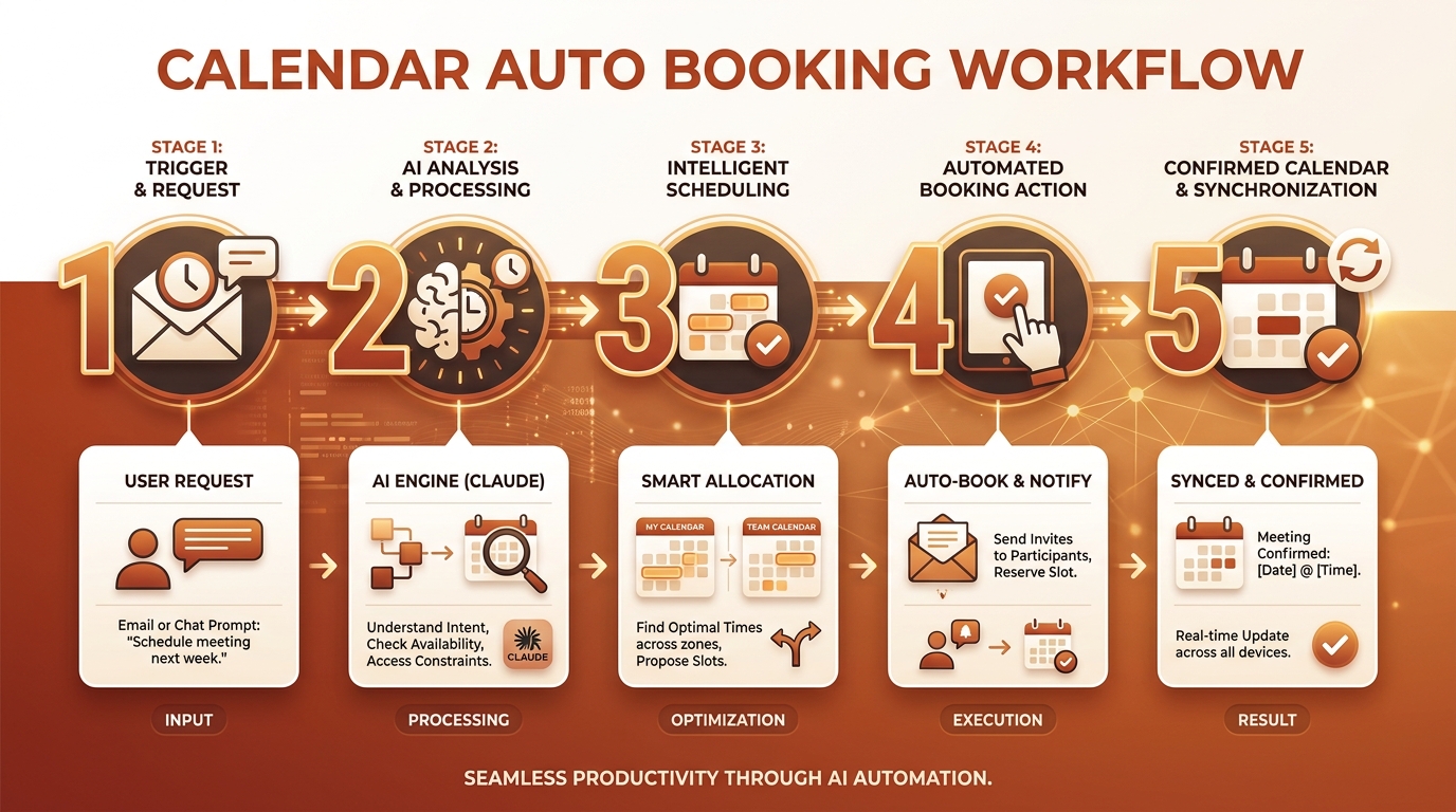 Workflow 5 stage auto book meeting với AI: receive request, parse intent, check calendar, confirm slot, send invite