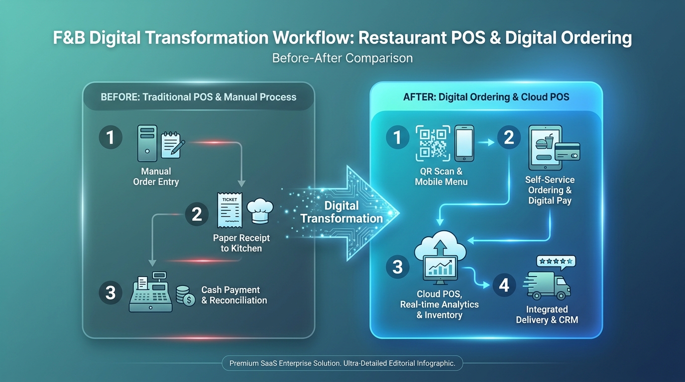 Lộ trình 4 giai đoạn chuyển đổi số F&B: Foundation, Connection, Optimization, Intelligence
