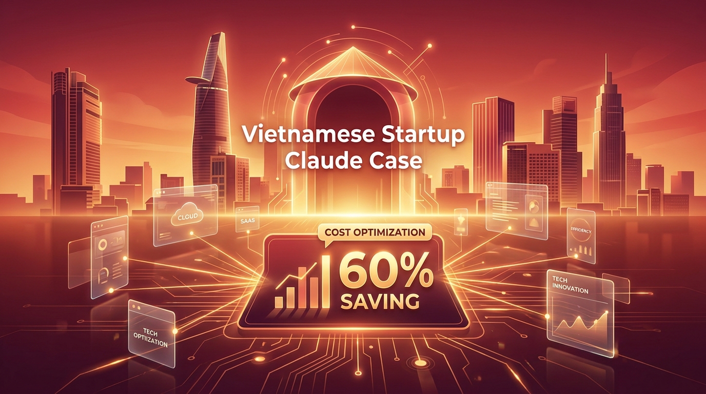 Đội ngũ founder Việt làm việc với giao diện Claude AI và biểu đồ tiết kiệm 60% chi phí trên gradient cam tím