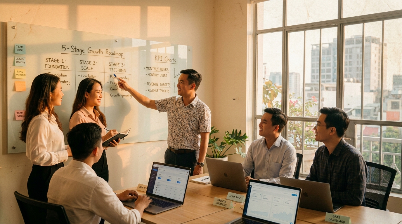 Đội ngũ SME họp chiến lược tăng trưởng quanh whiteboard