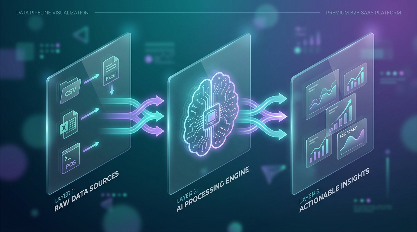 Kiến trúc pipeline AI phân tích dữ liệu bán hàng, ba lớp ingest, AI processing và insight output