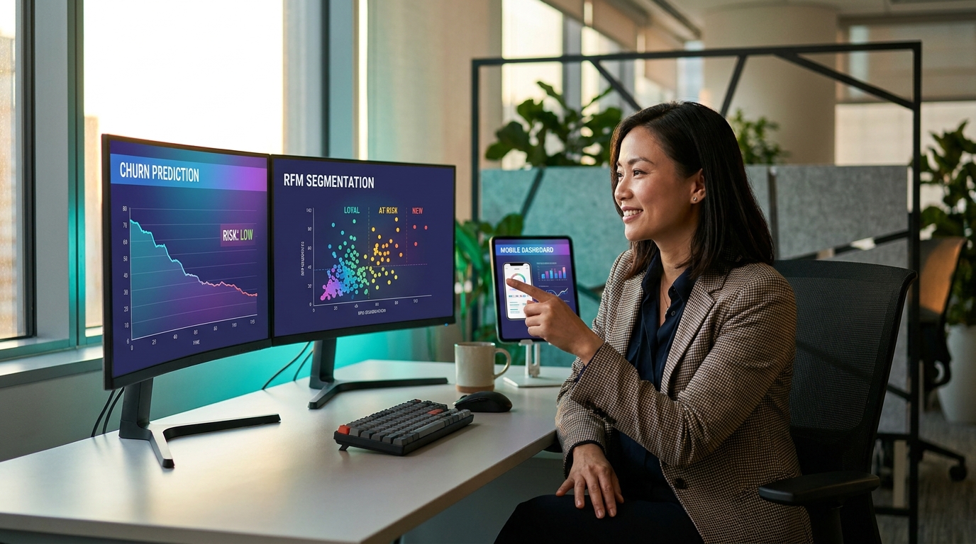 Chủ doanh nghiệp Việt review insight AI sales analytics trên dual monitor