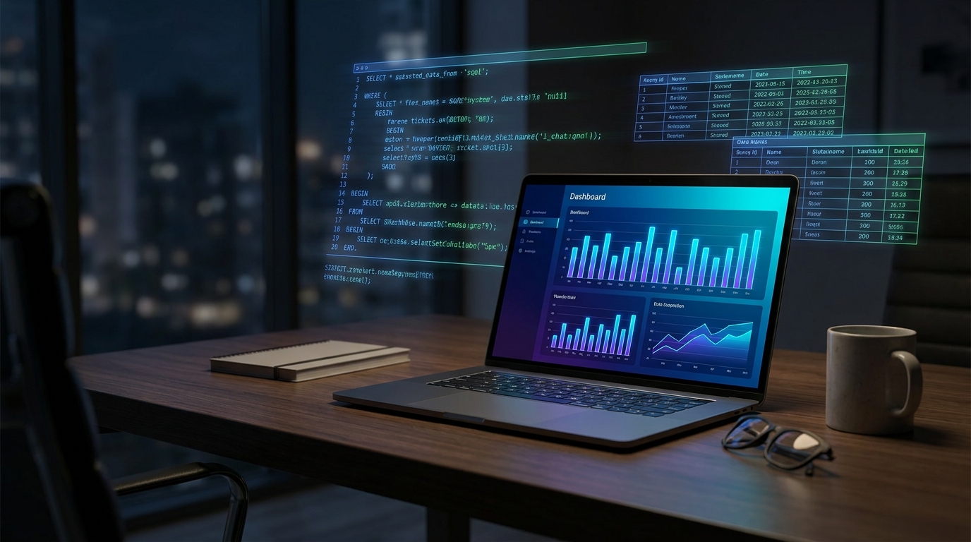 Founder Việt học SQL trên laptop, dữ liệu doanh nghiệp hiện holographic phía trên bàn