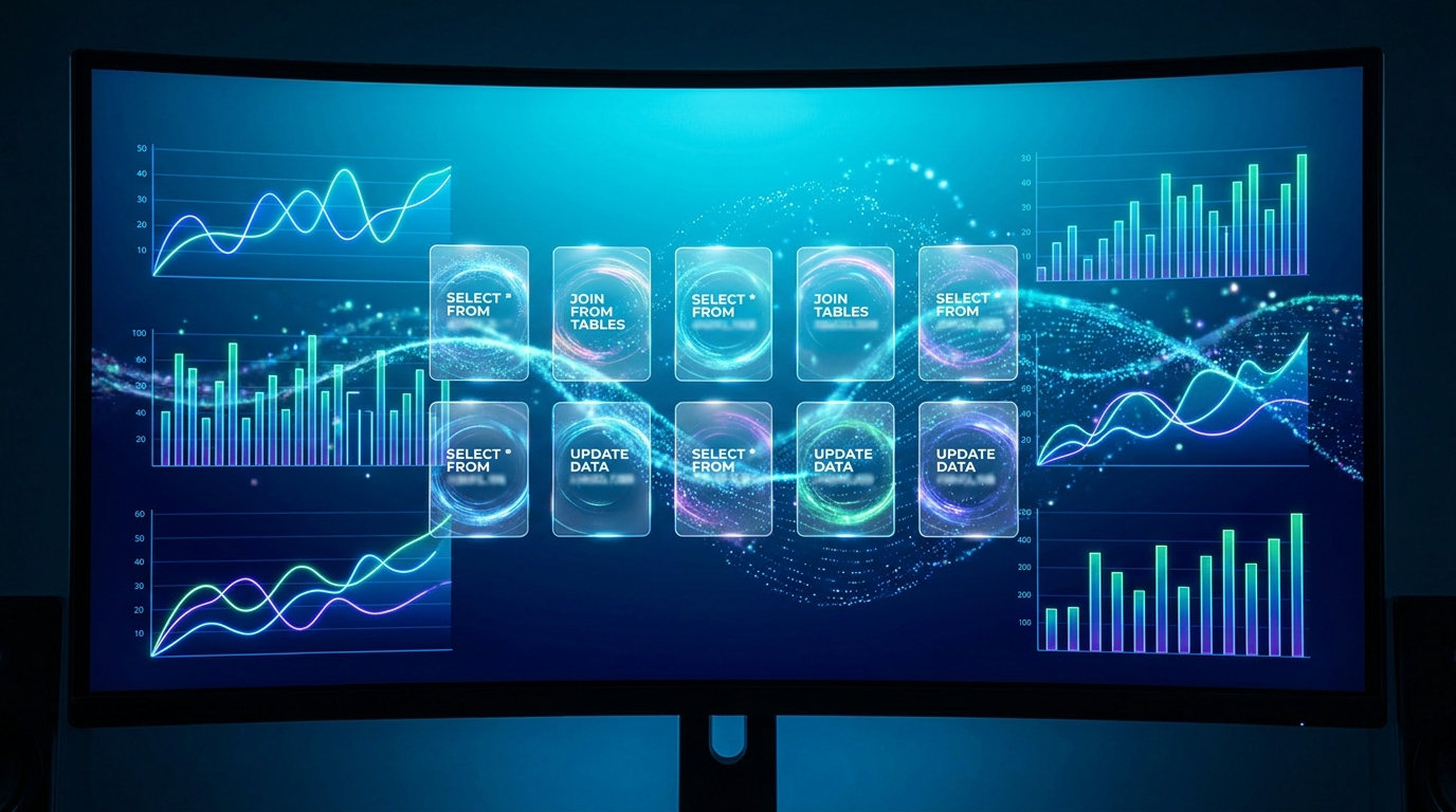 Mười thẻ câu lệnh SQL holographic xếp lưới trên nền dashboard cyan
