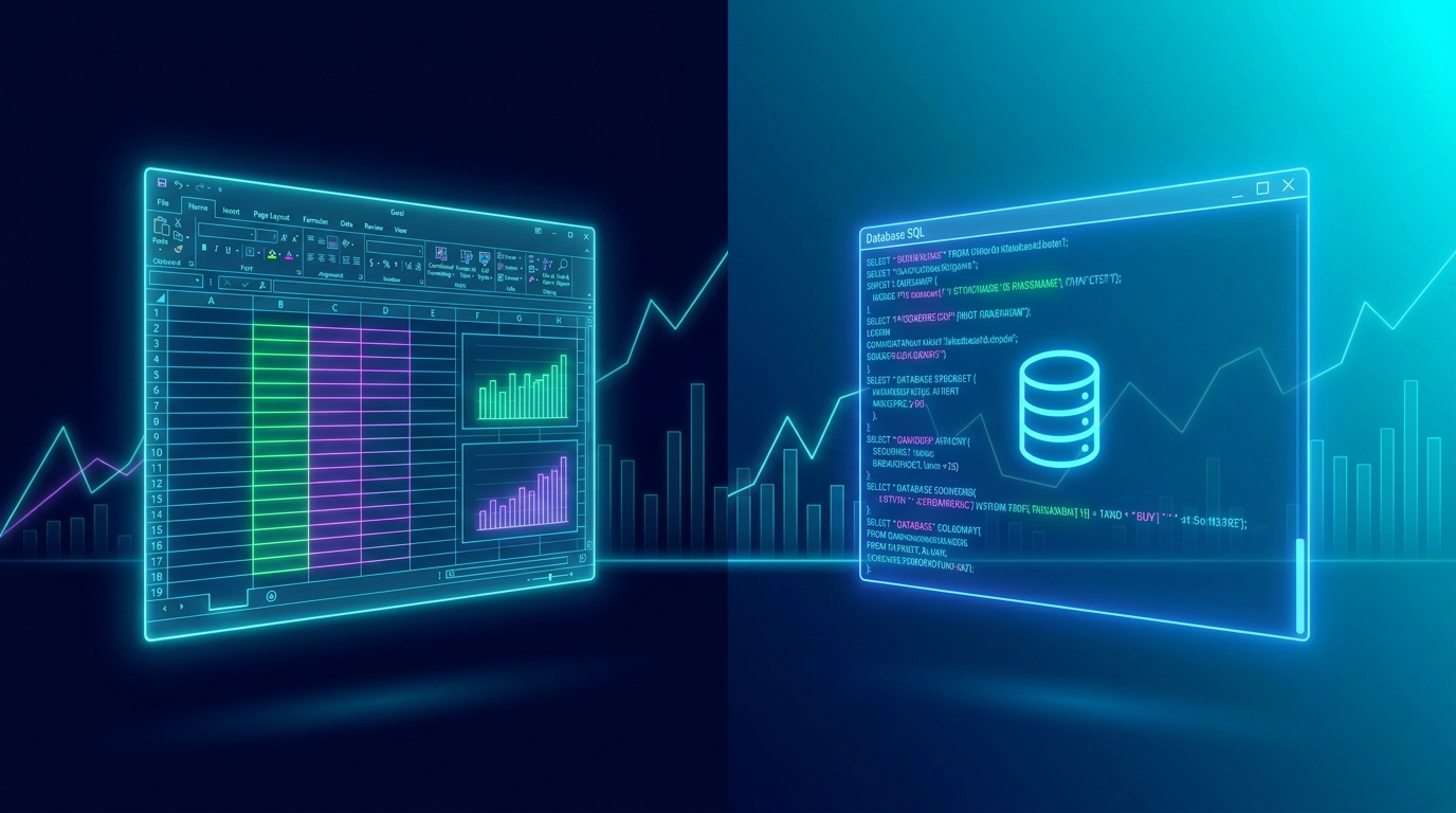 Màn hình chia đôi so sánh Excel spreadsheet và terminal SQL trên nền cyan navy