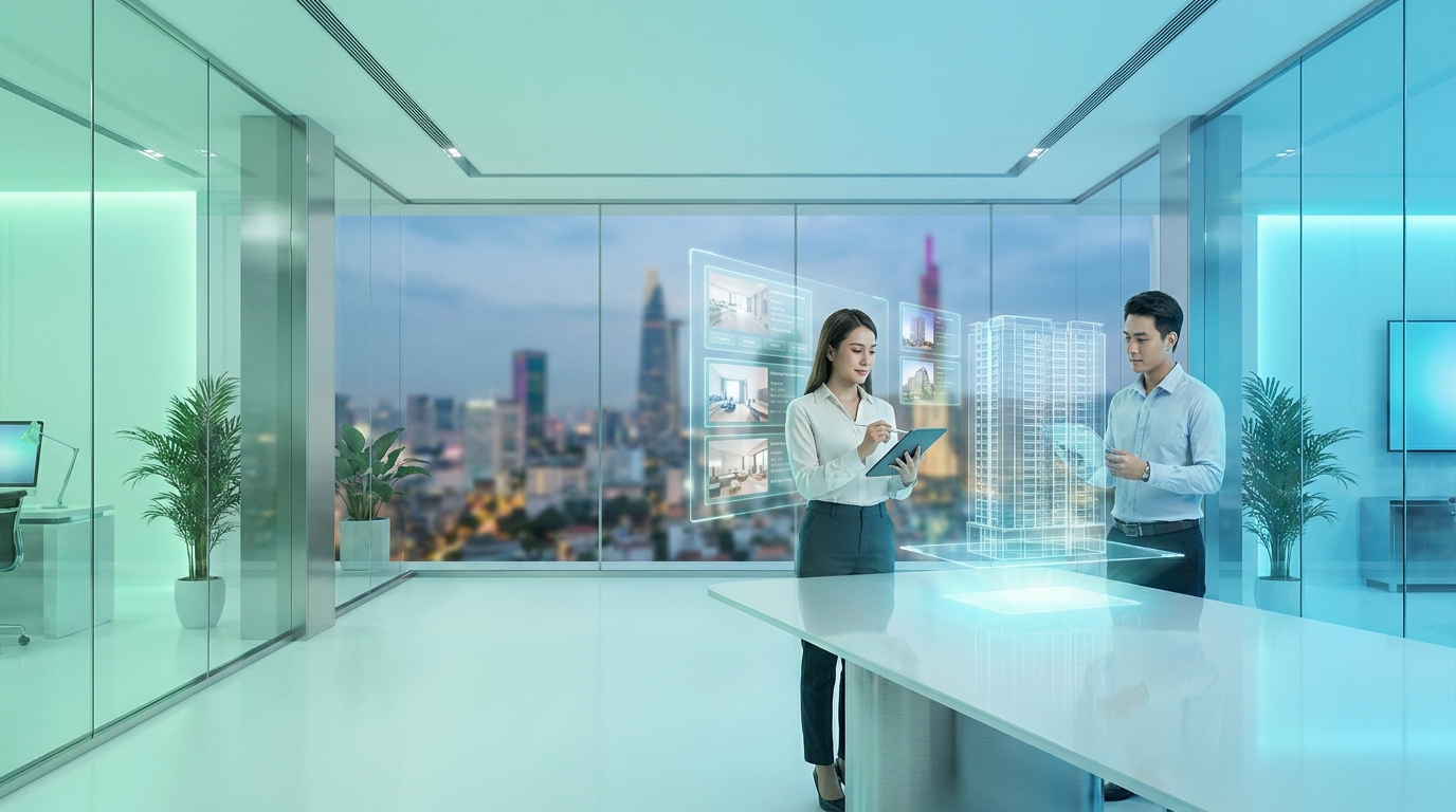 Đại lý bất động sản dùng tablet hiển thị dashboard CRM