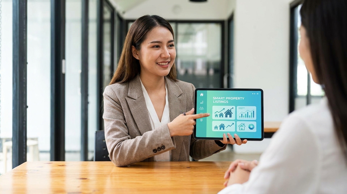 Đại lý bất động sản trên tablet với dashboard CRM thông minh