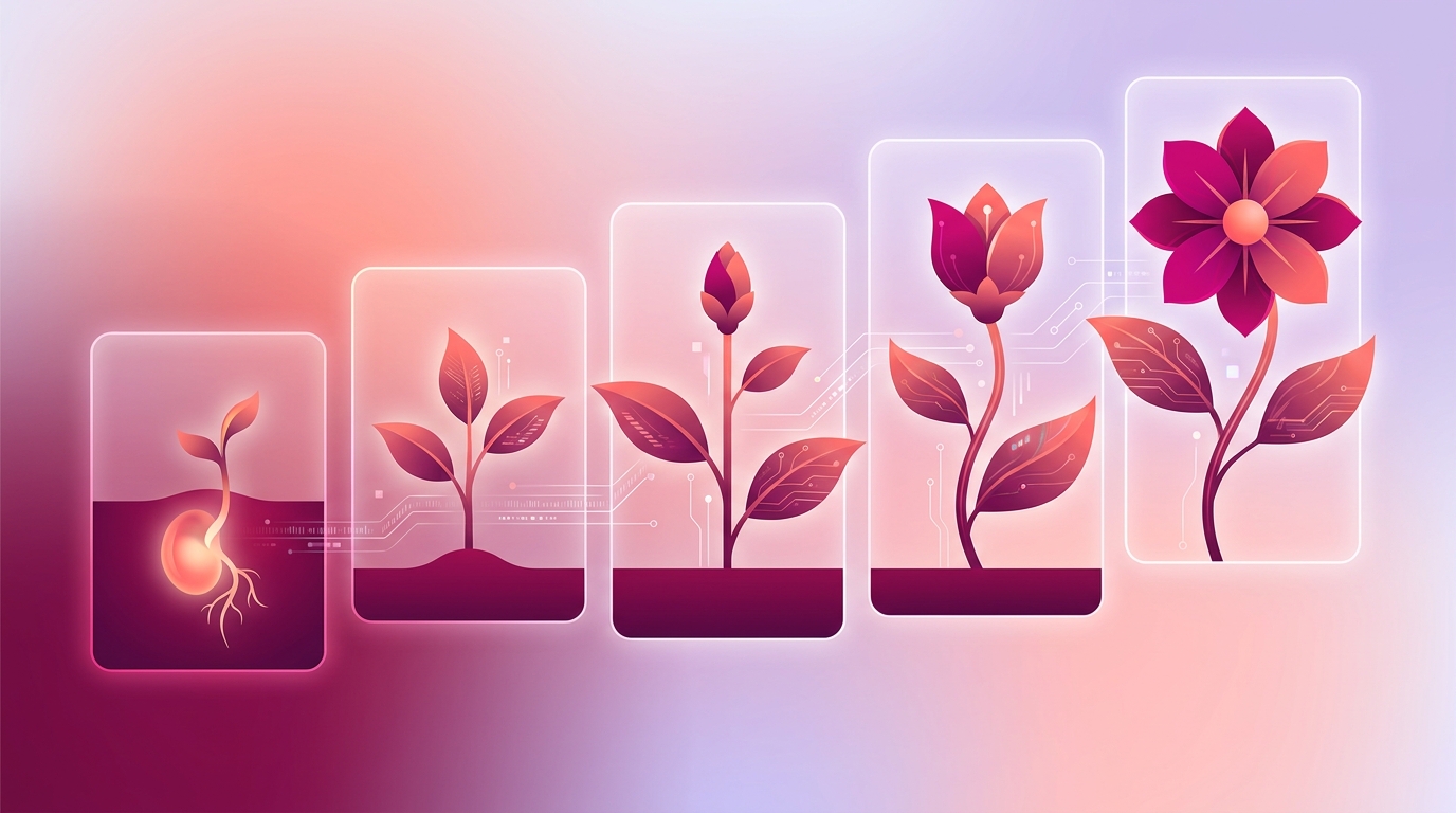 Plant growing through 5 stages from seed to bloom, nurturing metaphor