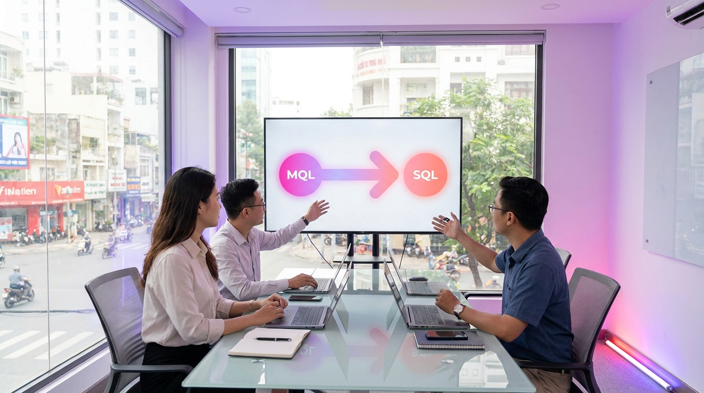 Vietnamese sales team handoff meeting MQL to SQL transition concept