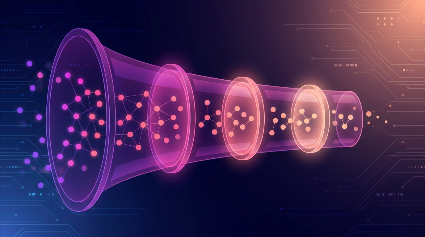 Abstract pipeline conversion funnel with glowing dots flowing through stages