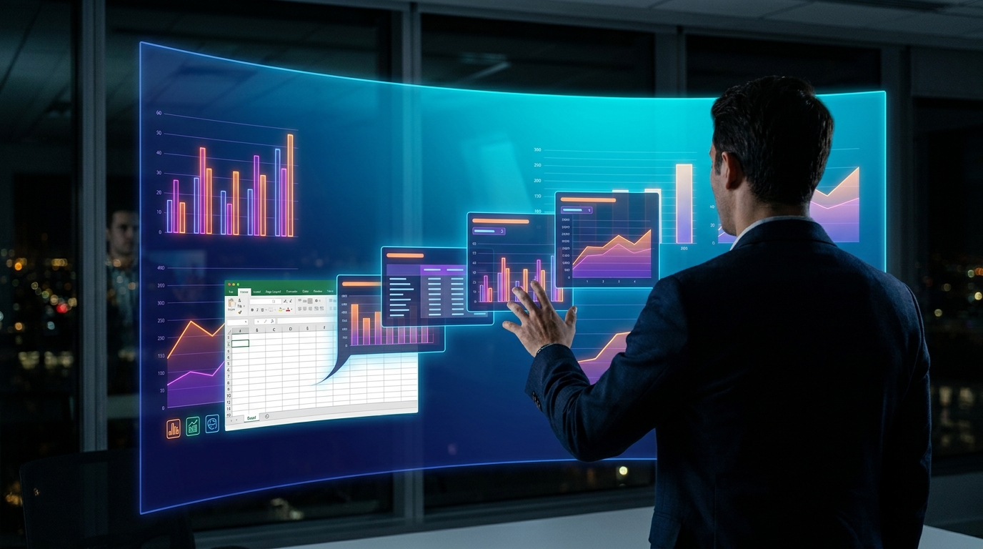 Founder phân tích Pivot Table trên dashboard hologram