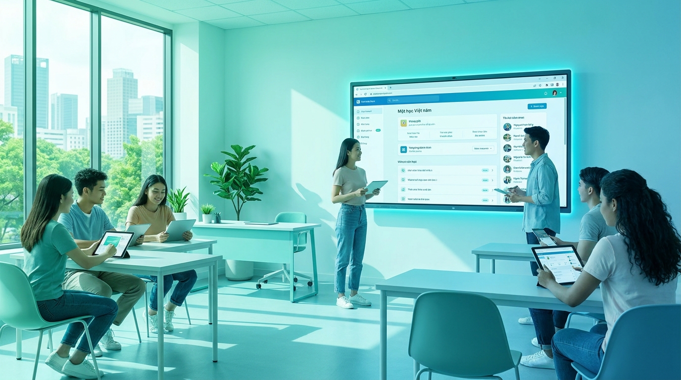 Lớp học chuyển đổi số với bảng tương tác và máy tính bảng