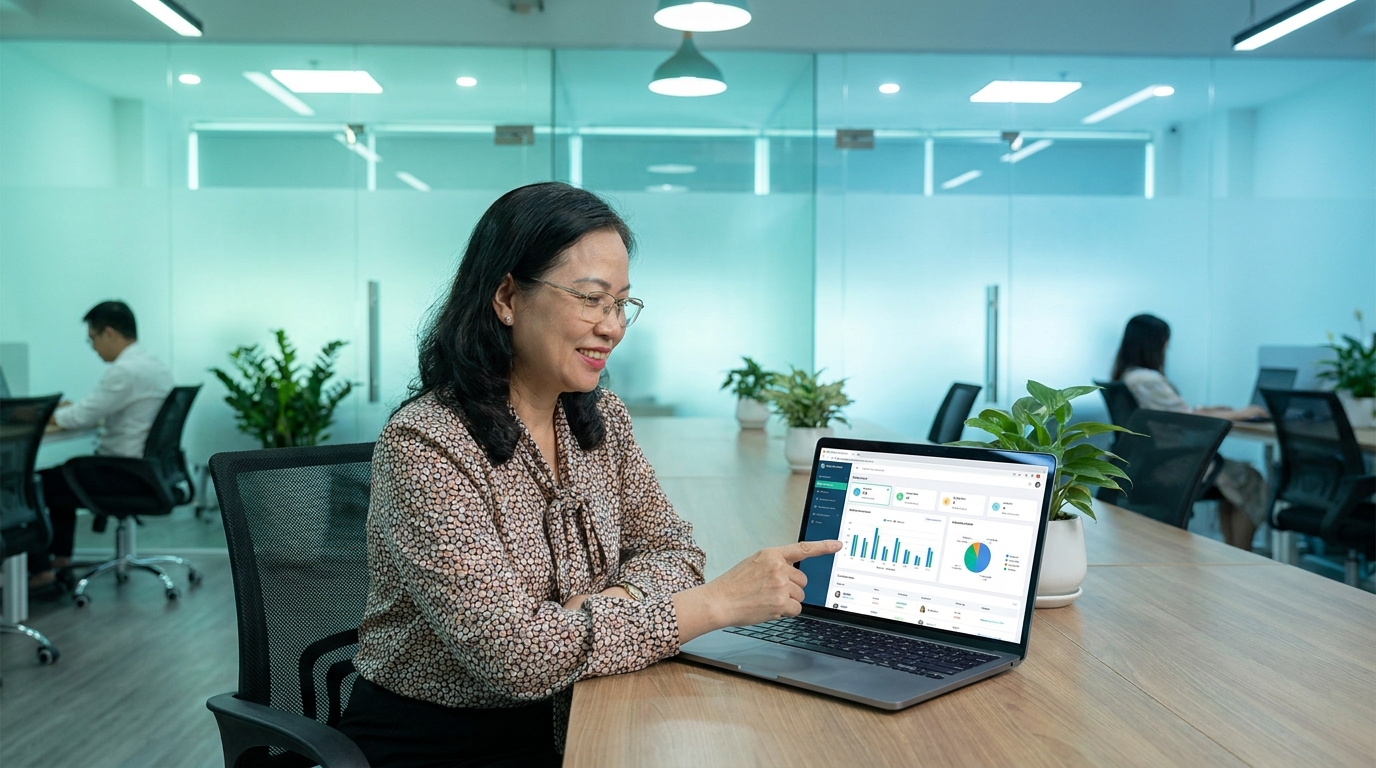 Giáo viên sử dụng dashboard LMS trên laptop