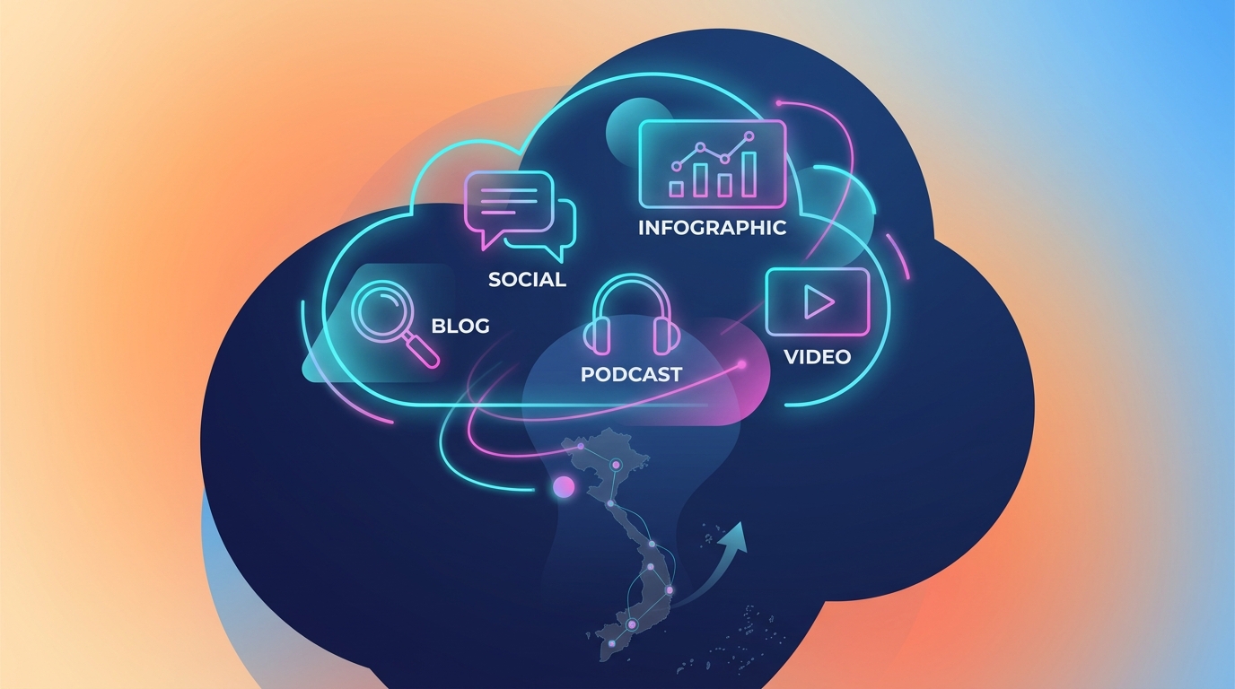 Top of funnel awareness layer with diverse content types floating