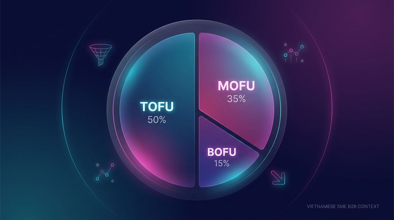 Marketing funnel budget allocation pie chart with TOFU MOFU BOFU spending split for Vietnamese SME B2B context