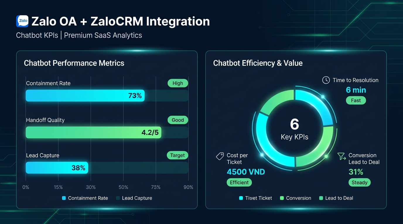 Dashboard 6 KPI chatbot Zalo OA ZaloCRM containment handoff conversion