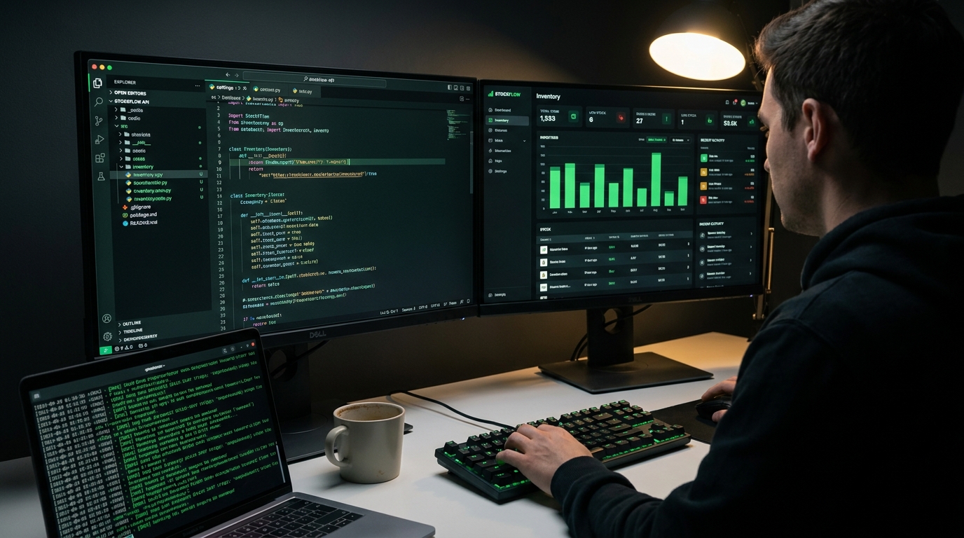 Developer làm việc trên dual monitor build phần mềm tồn kho, IDE dark mode với code highlight xanh lá