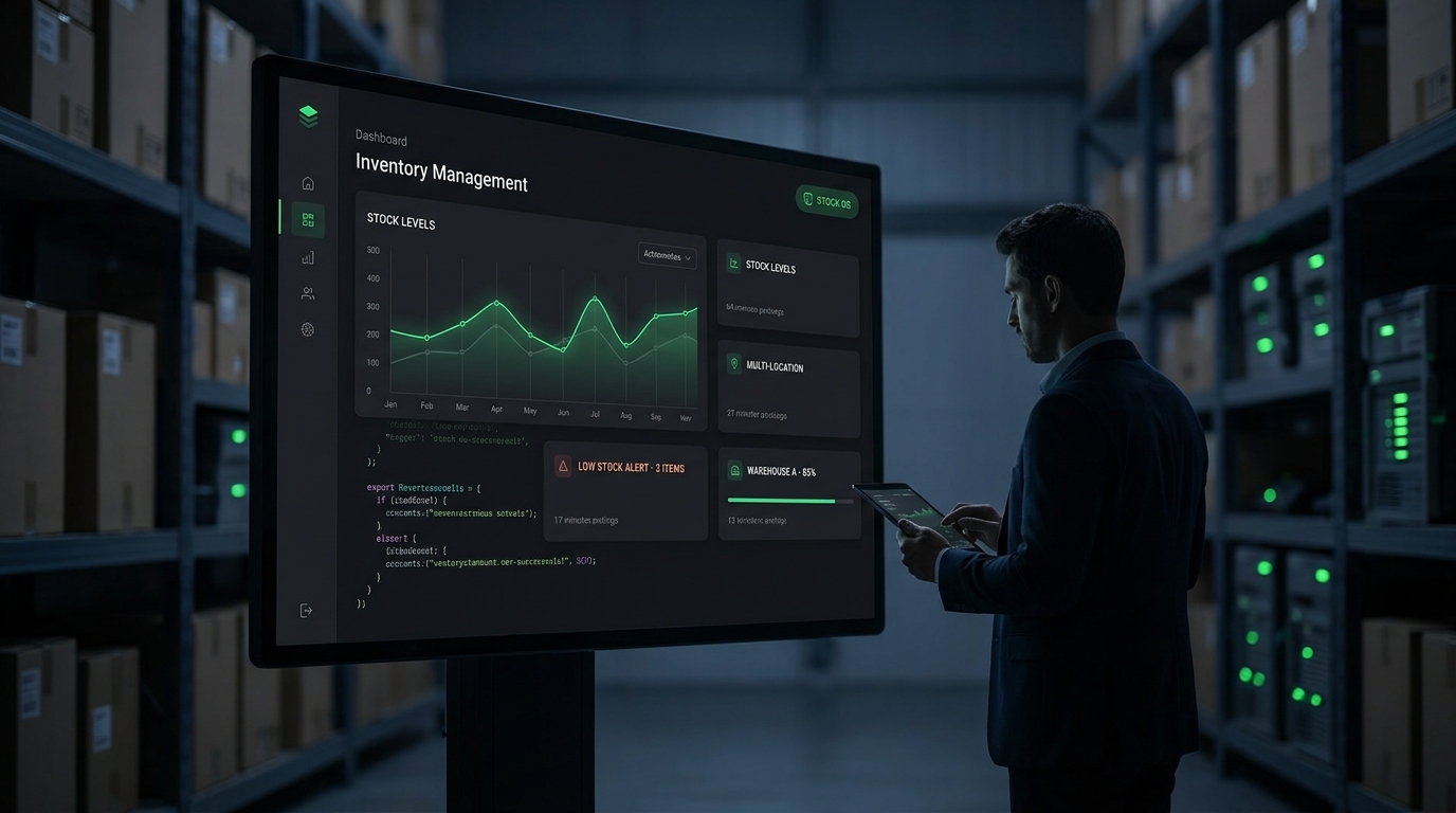 Dashboard phần mềm quản lý tồn kho custom với các thẻ stock, cảnh báo low-stock, giao diện dark mode chuyên nghiệp