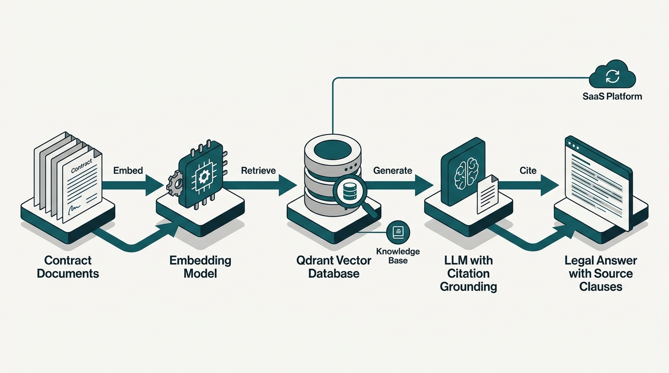 Sơ đồ kiến trúc RAG cho legal: pipeline xử lý hợp đồng và quy định, embedding, vector database, LLM với grounding