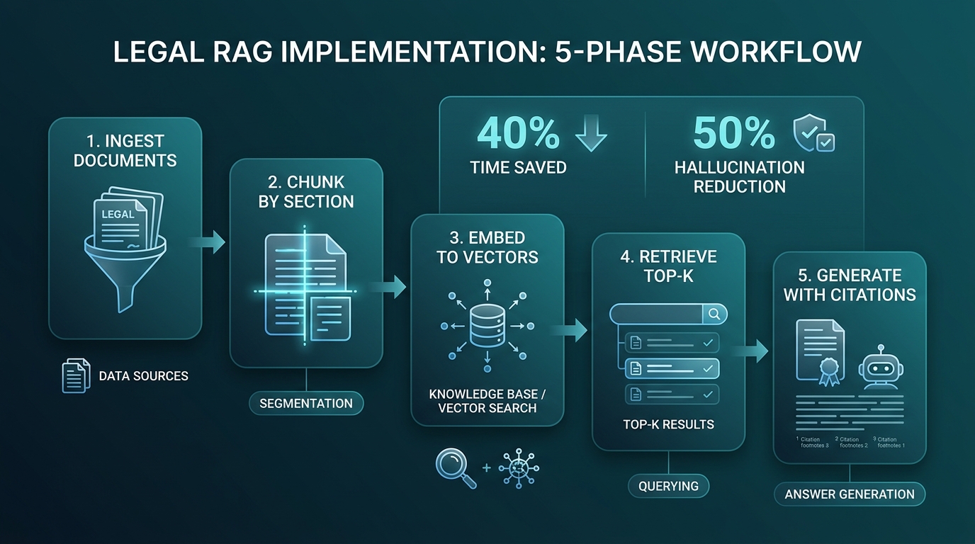 Workflow 6 bước triển khai legal RAG: ingest, chunk, embed, retrieve, generate, audit với metric ROI