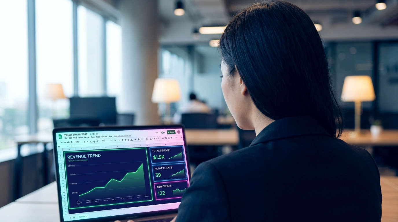 Chủ doanh nghiệp SME Việt xem báo cáo tự động trên laptop tại văn phòng coworking