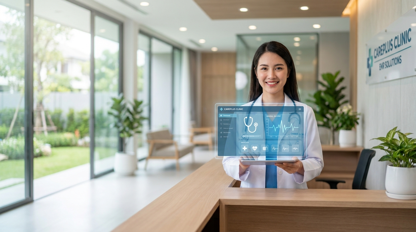Bác sĩ phòng khám Việt sử dụng dashboard bệnh án điện tử trên tablet trong phòng khám hiện đại