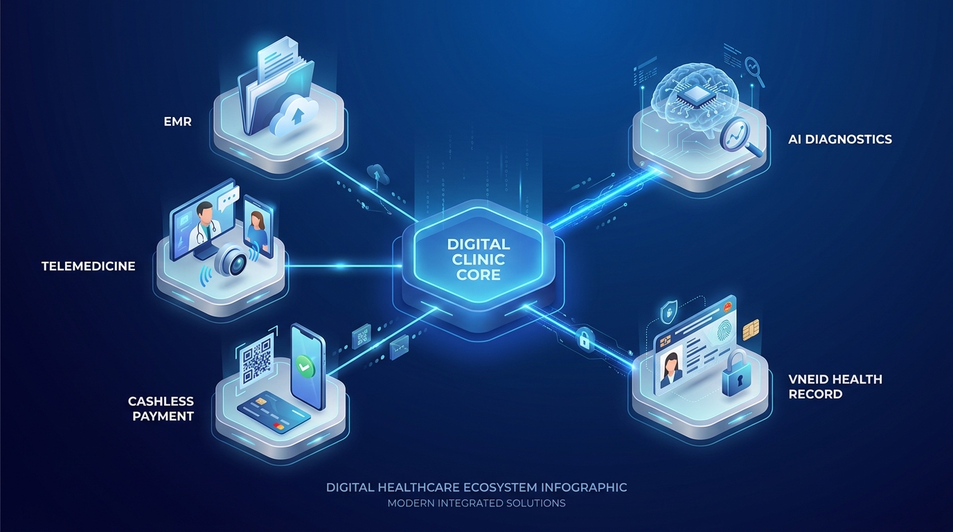 Sơ đồ 5 trụ cột công nghệ cho phòng khám số: EMR, Telemedicine, Thanh toán, AI, VNeID