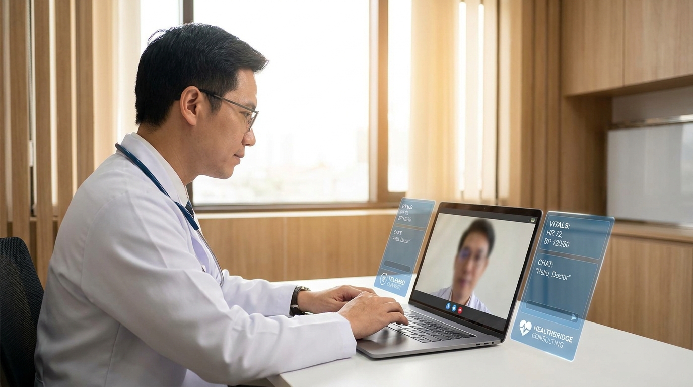 Bác sĩ phòng khám tư vấn từ xa qua telemedicine với giao diện vital signs