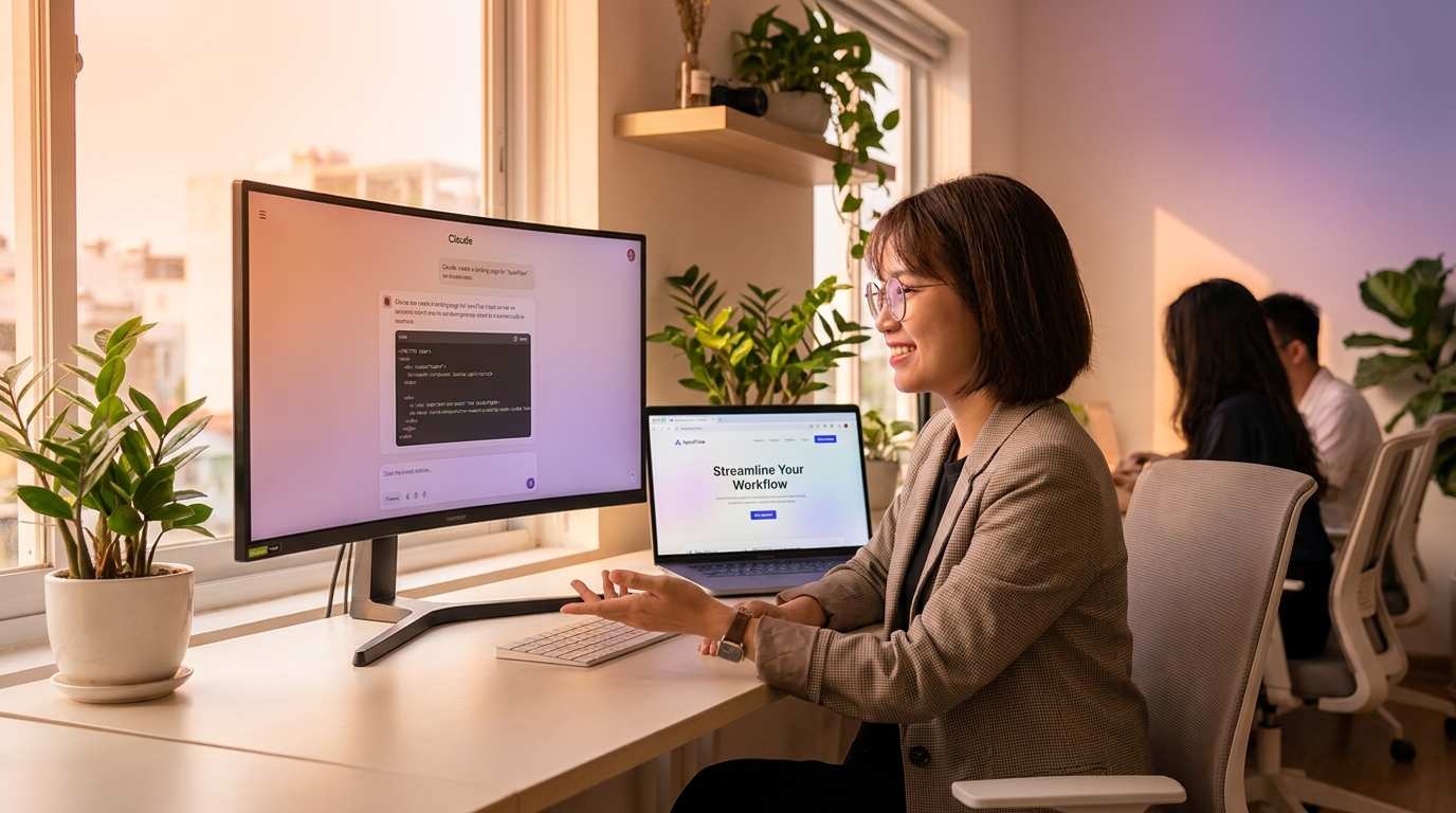 Marketer Việt Nam dùng Claude Design generate landing page trên dual monitor