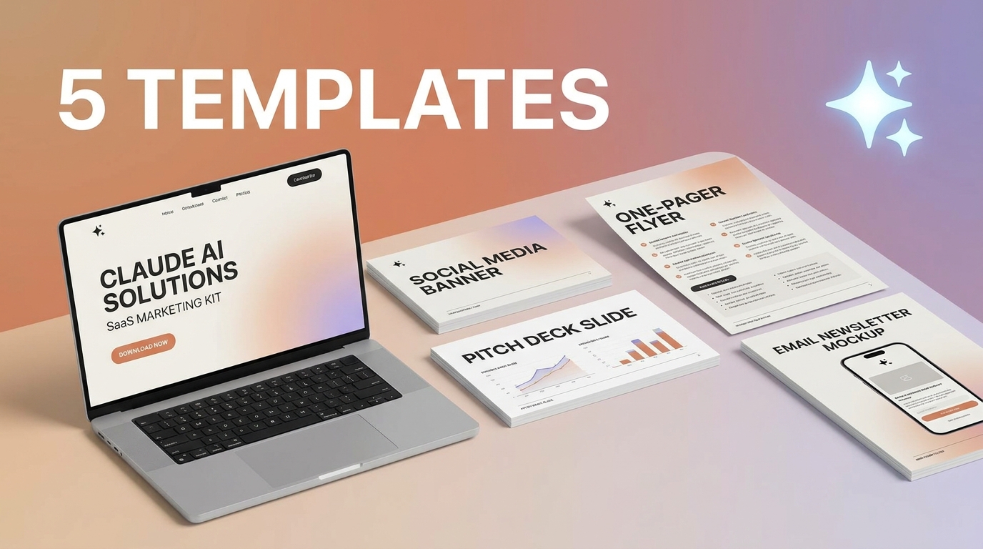 5 template marketing collateral tạo bằng Claude Design — landing page, pitch deck, one-pager, social banner, email