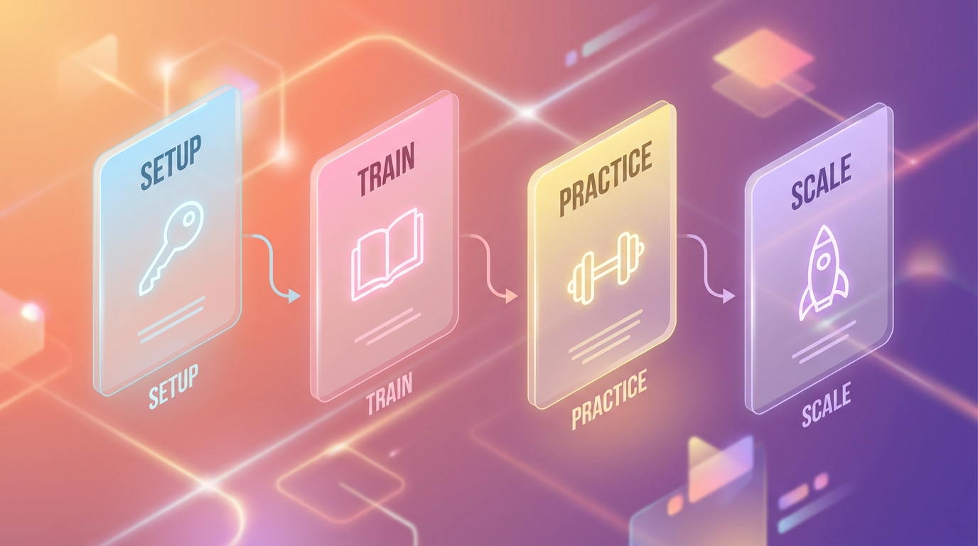 Sơ đồ 4 phase onboarding Setup Train Practice Scale với mốc thời gian từng tuần