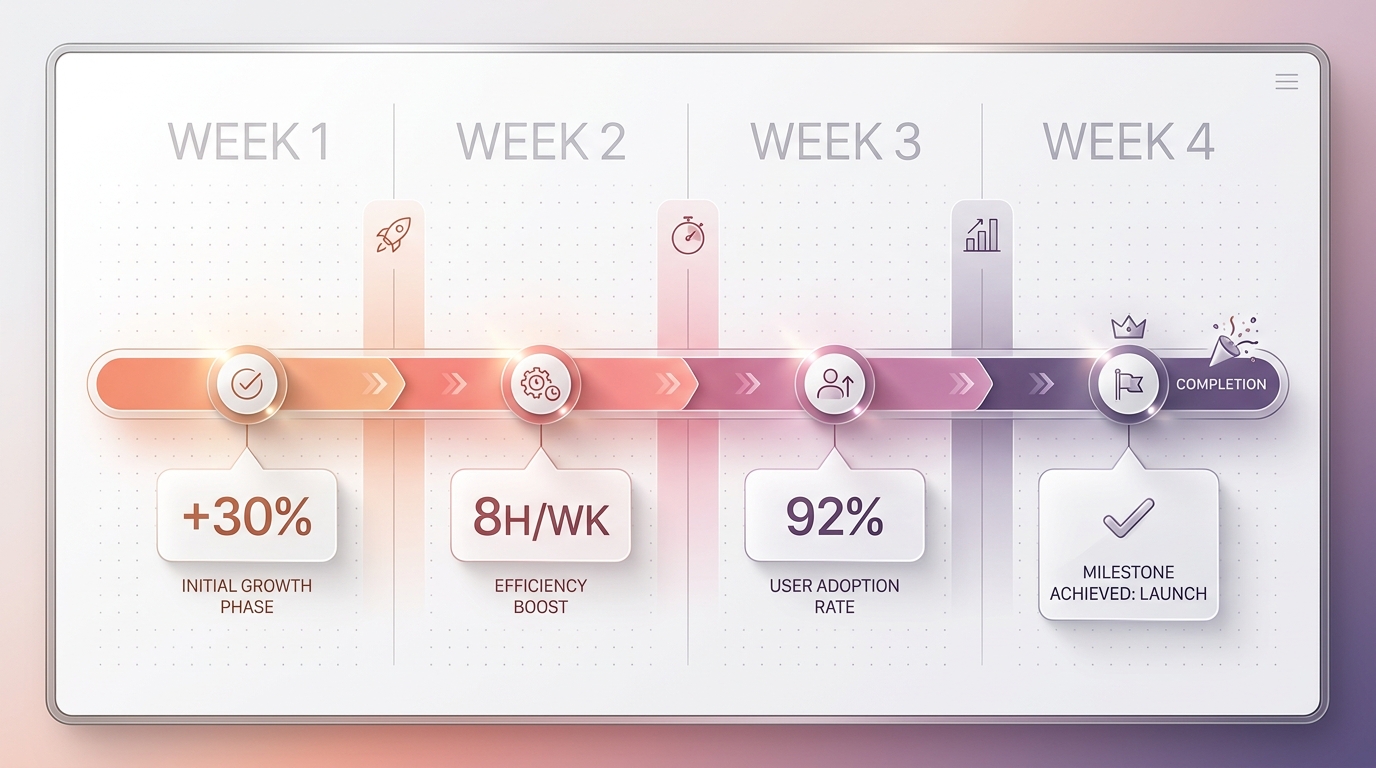 Timeline 4 tuần với metric save 8 giờ một tuần và adoption 92 phần trăm minh hoạ progress