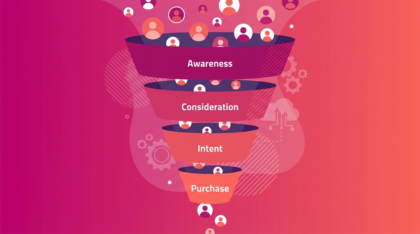 Minh hoạ marketing funnel B2C cho SME Việt với 4 giai đoạn từ awareness đến retention